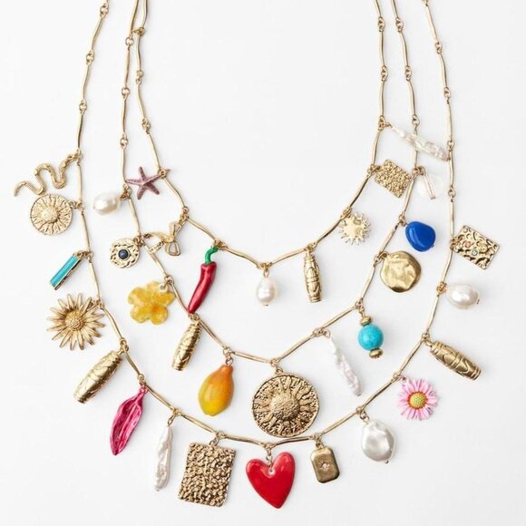 NWT ZARA 2024 3-Pack of Multi-Charm Necklaces Long Gold-Color/Colorful 1856/070 - Picture 1 of 9